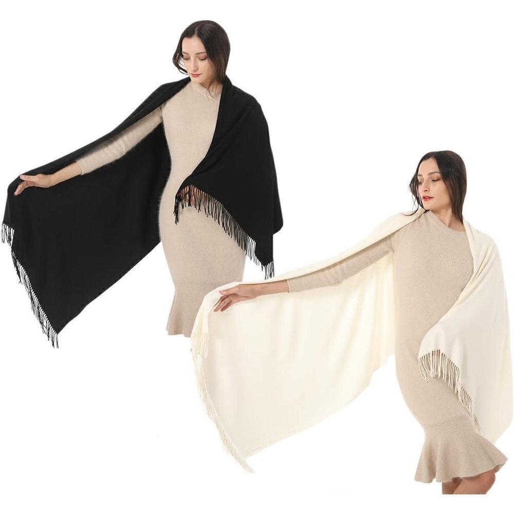 Womens Wraps Warm Large Soft Silky Scarf Pashmina Shawls Pack of 2 (Black Cream)